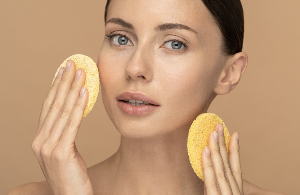 femme qui nettoie son visage avec des éponges